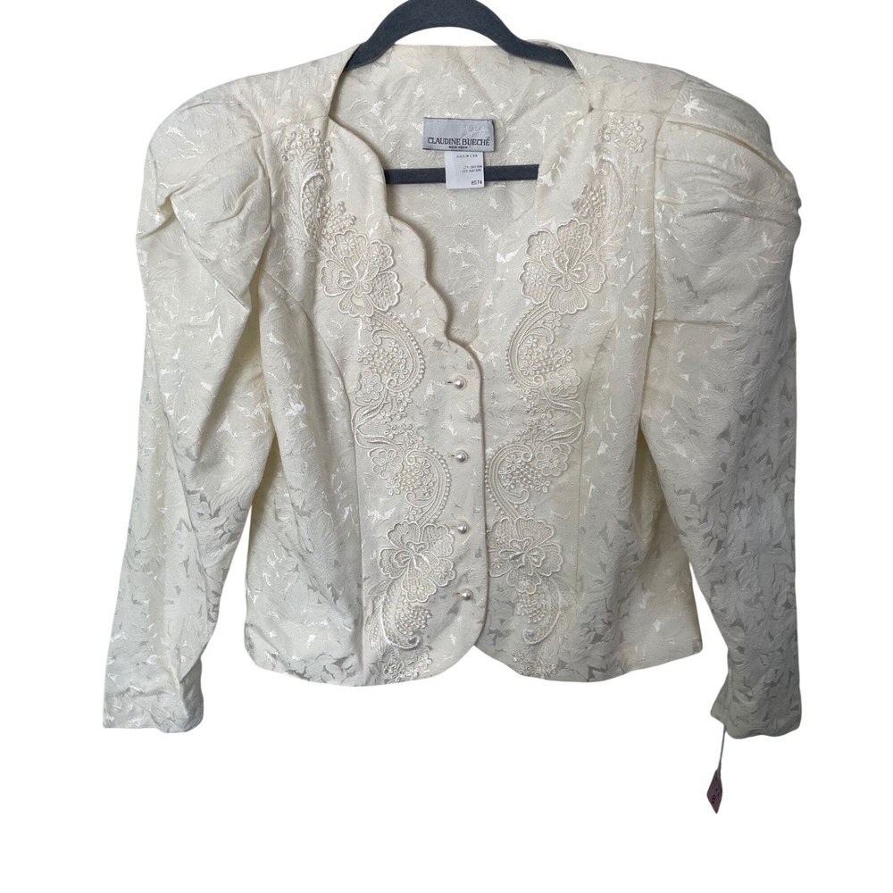 Claudine Bueche Vintage Ivory Jacquard Lace Applique Evening Jacket Womens 8